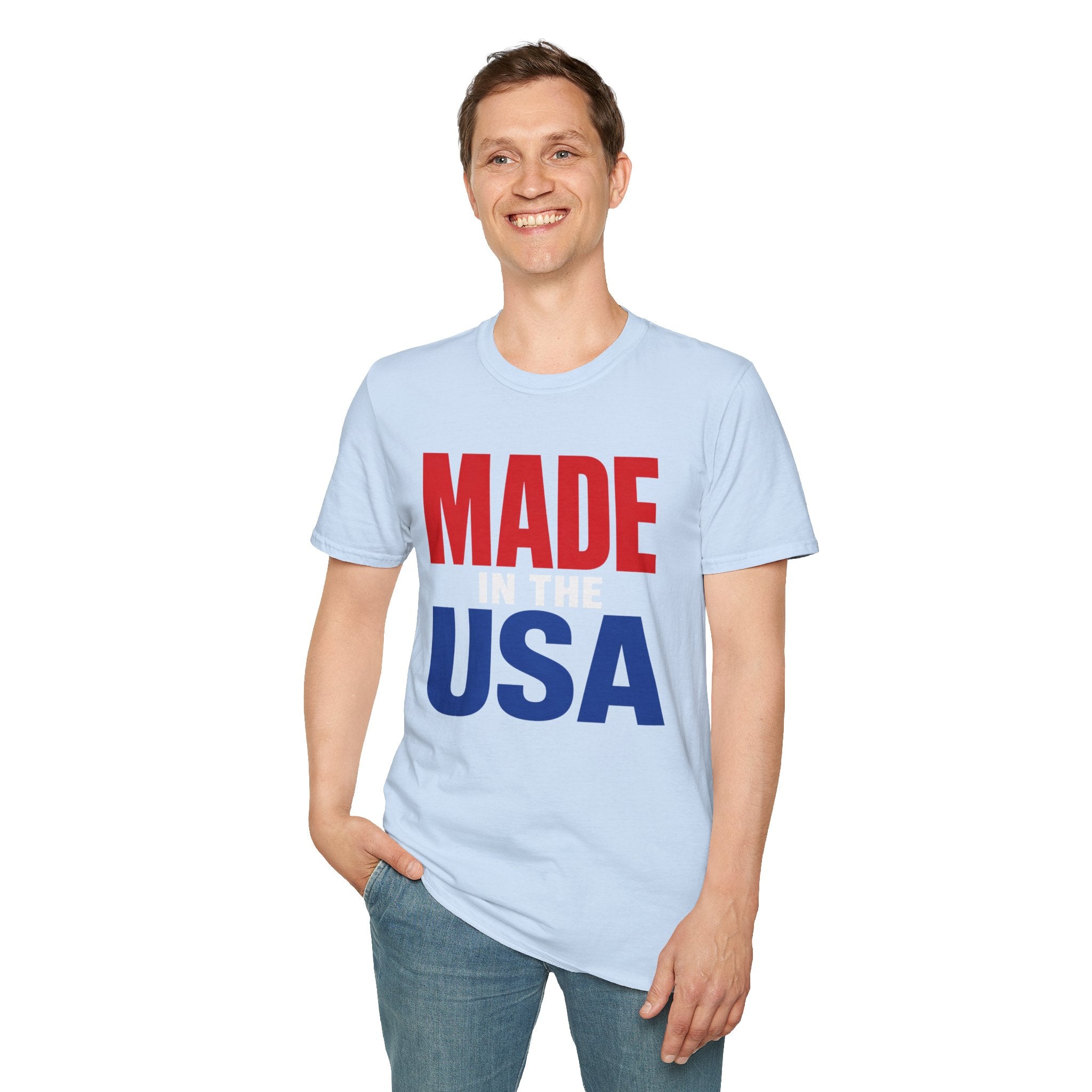 Made in USA T-Shirt — Patriotic Red & Blue Graphic Tee