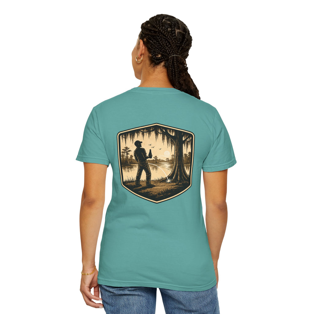 Fishing Lake Scene T-Shirt — Vintage Angler Silhouette Tee
