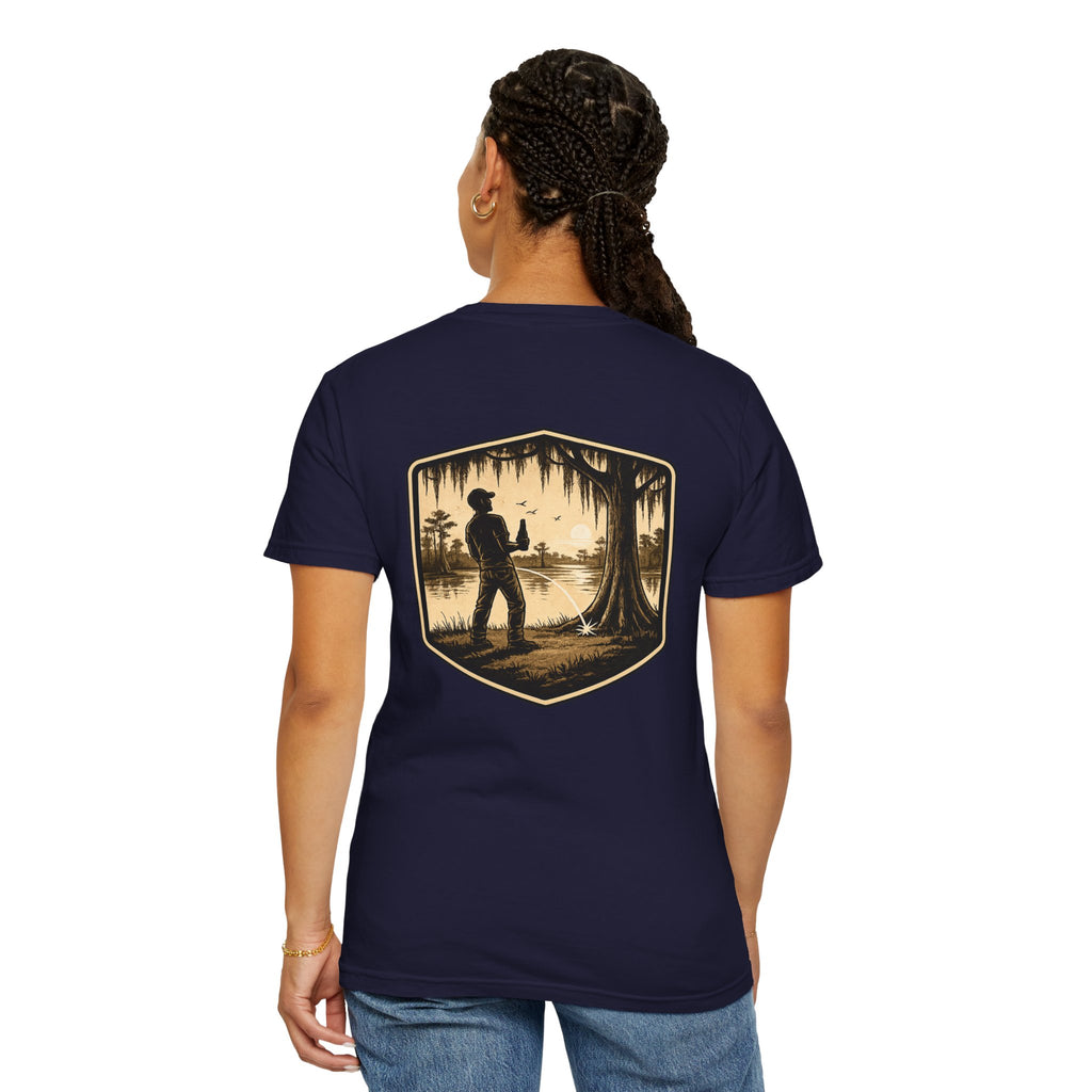 Fishing Lake Scene T-Shirt — Vintage Angler Silhouette Tee