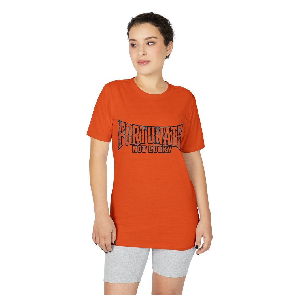 Fortunate Not Lucky Graphic T-Shirt — Edgy Black Lettering Performance Tee