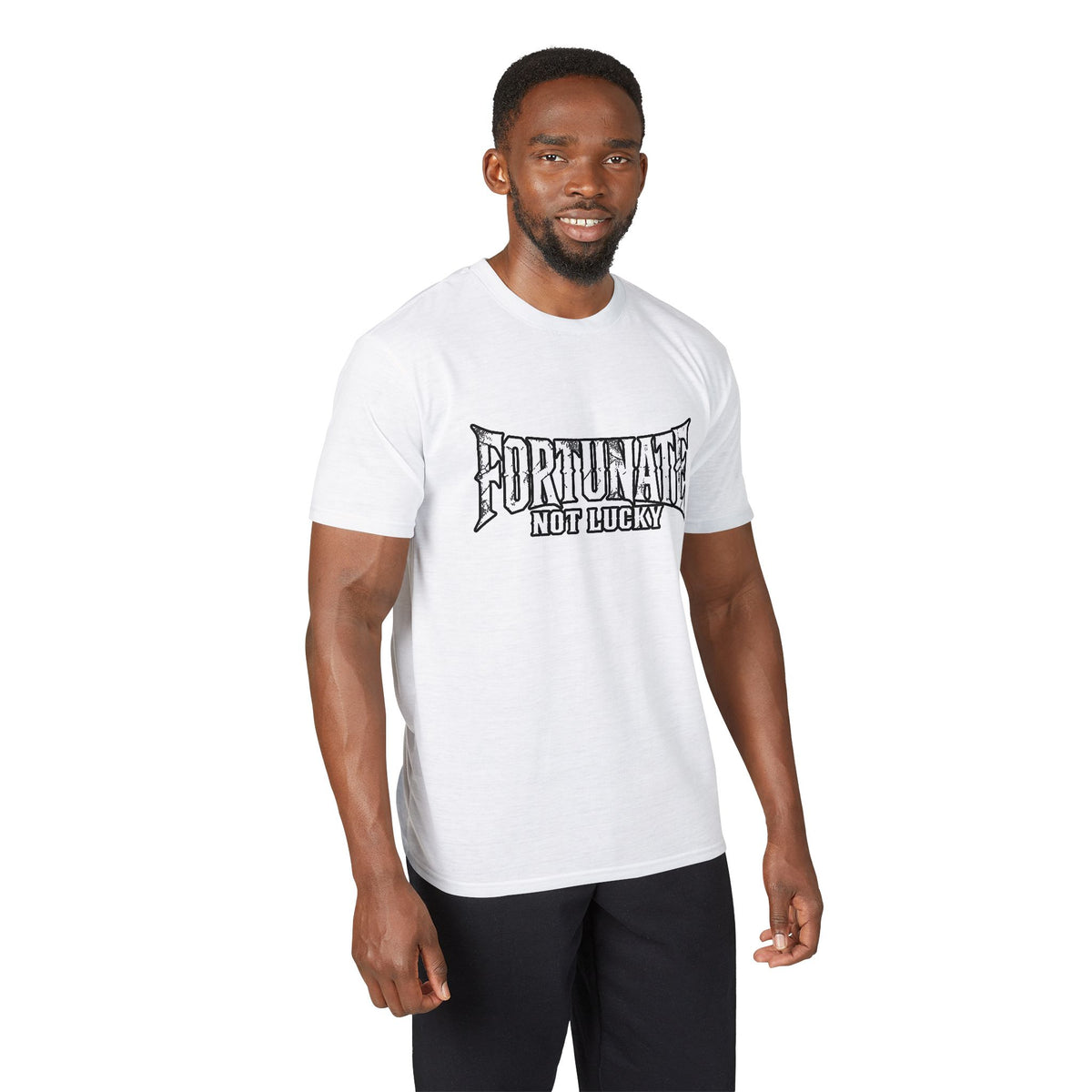Fortunate Not Lucky Graphic T-Shirt — Edgy Black Lettering Performance Tee