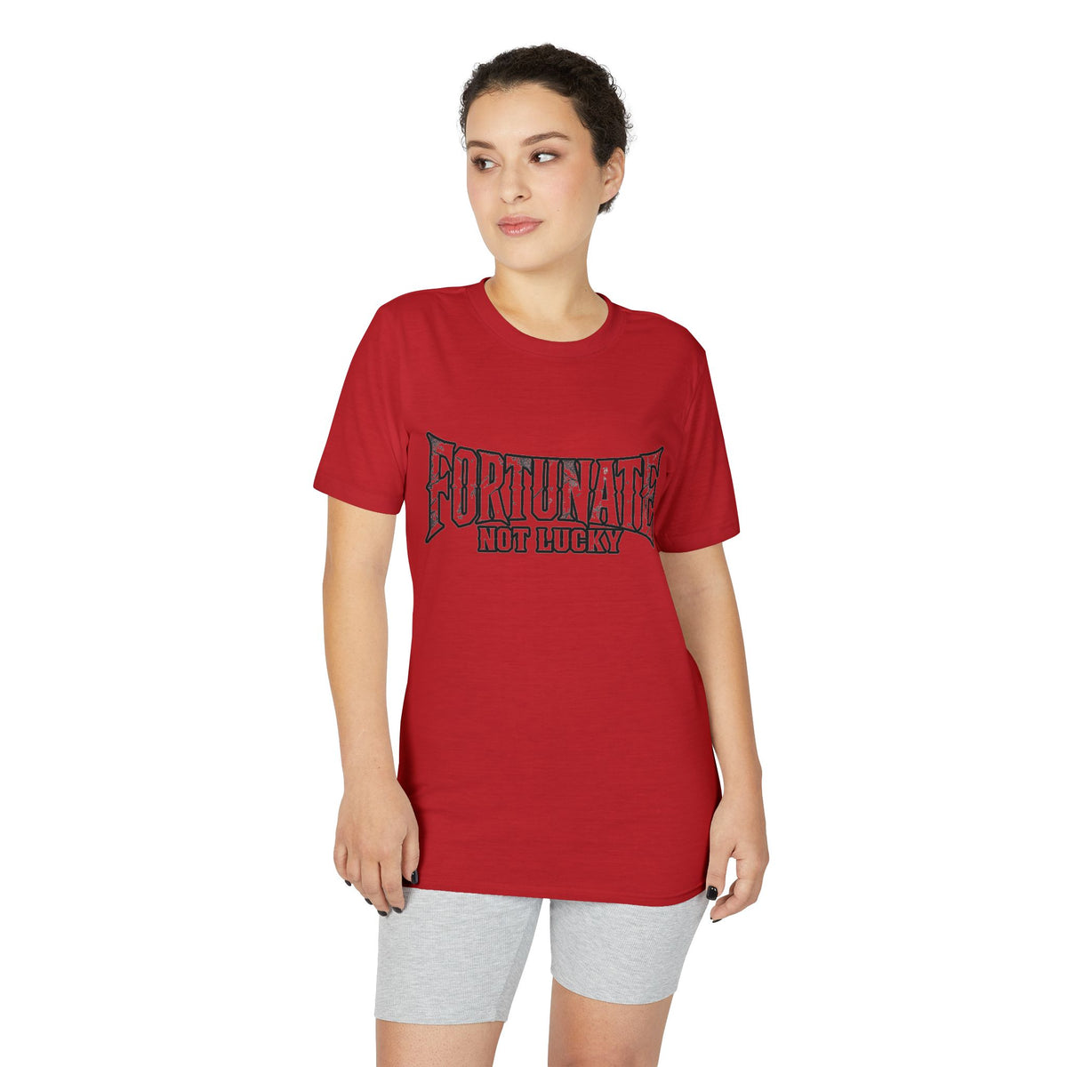 Fortunate Not Lucky Graphic T-Shirt — Edgy Black Lettering Performance Tee