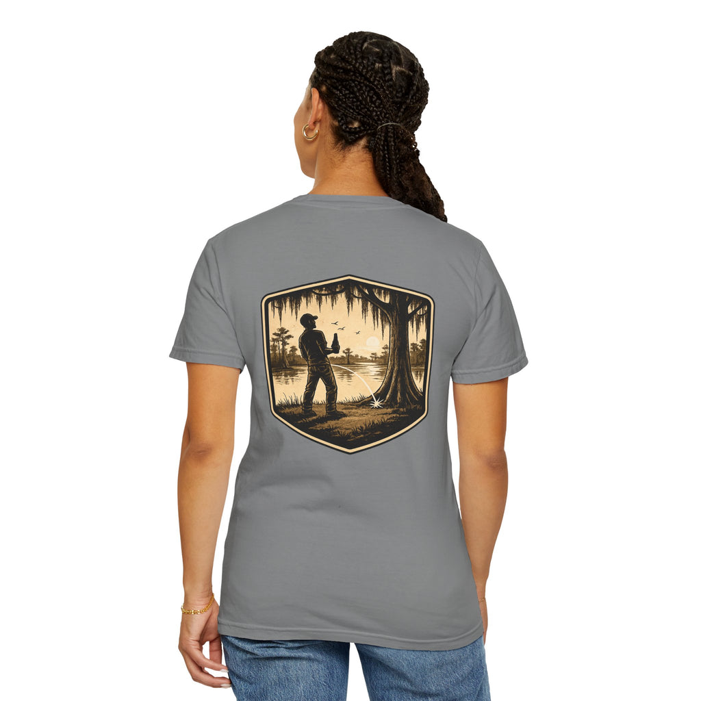 Fishing Lake Scene T-Shirt — Vintage Angler Silhouette Tee