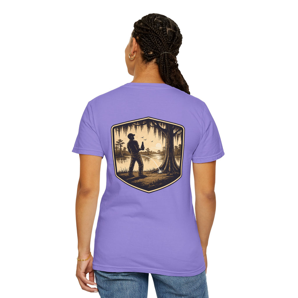 Fishing Lake Scene T-Shirt — Vintage Angler Silhouette Tee