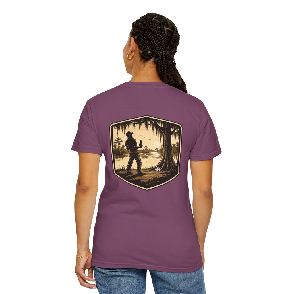 Fishing Lake Scene T-Shirt — Vintage Angler Silhouette Tee