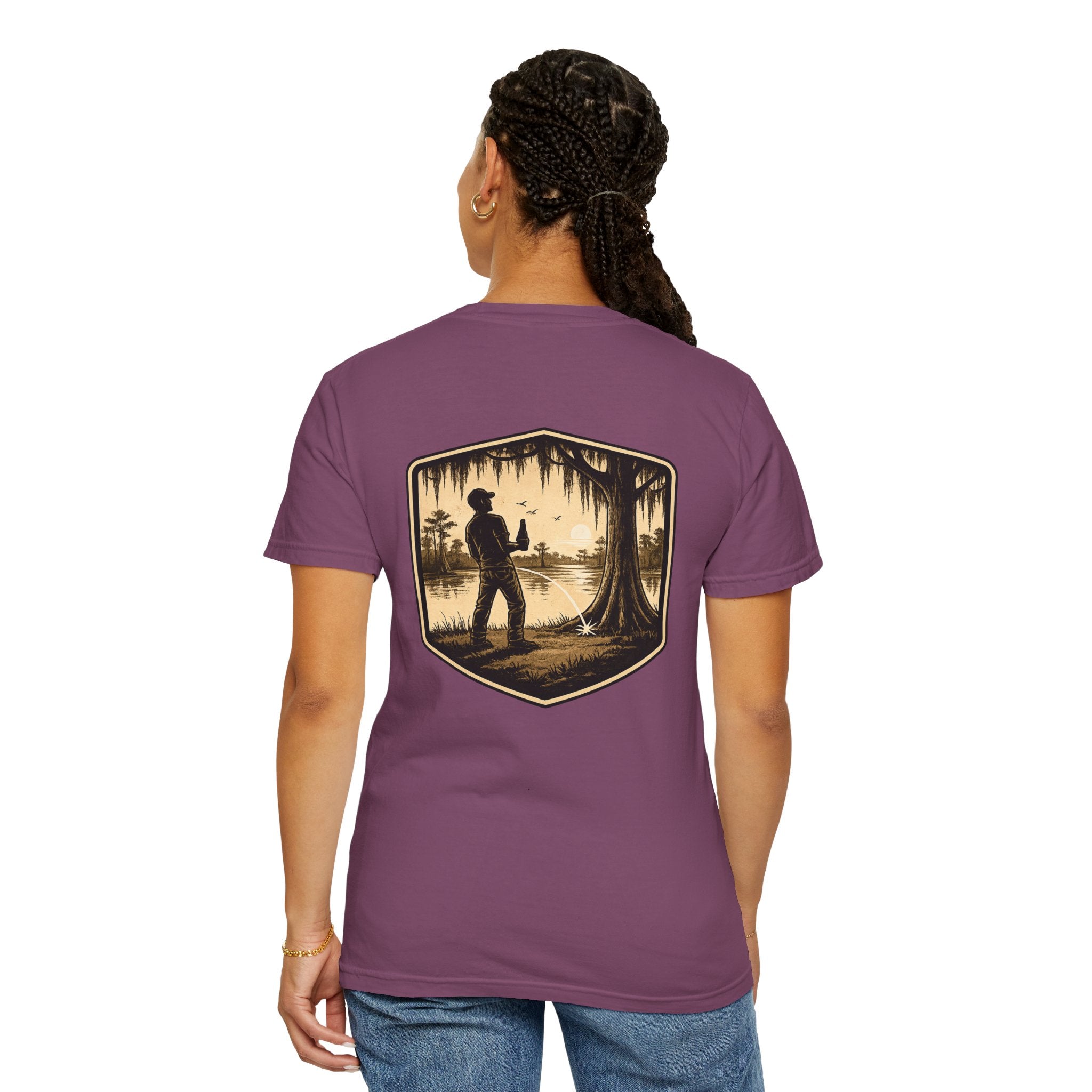 Fishing Lake Scene T-Shirt — Vintage Angler Silhouette Tee