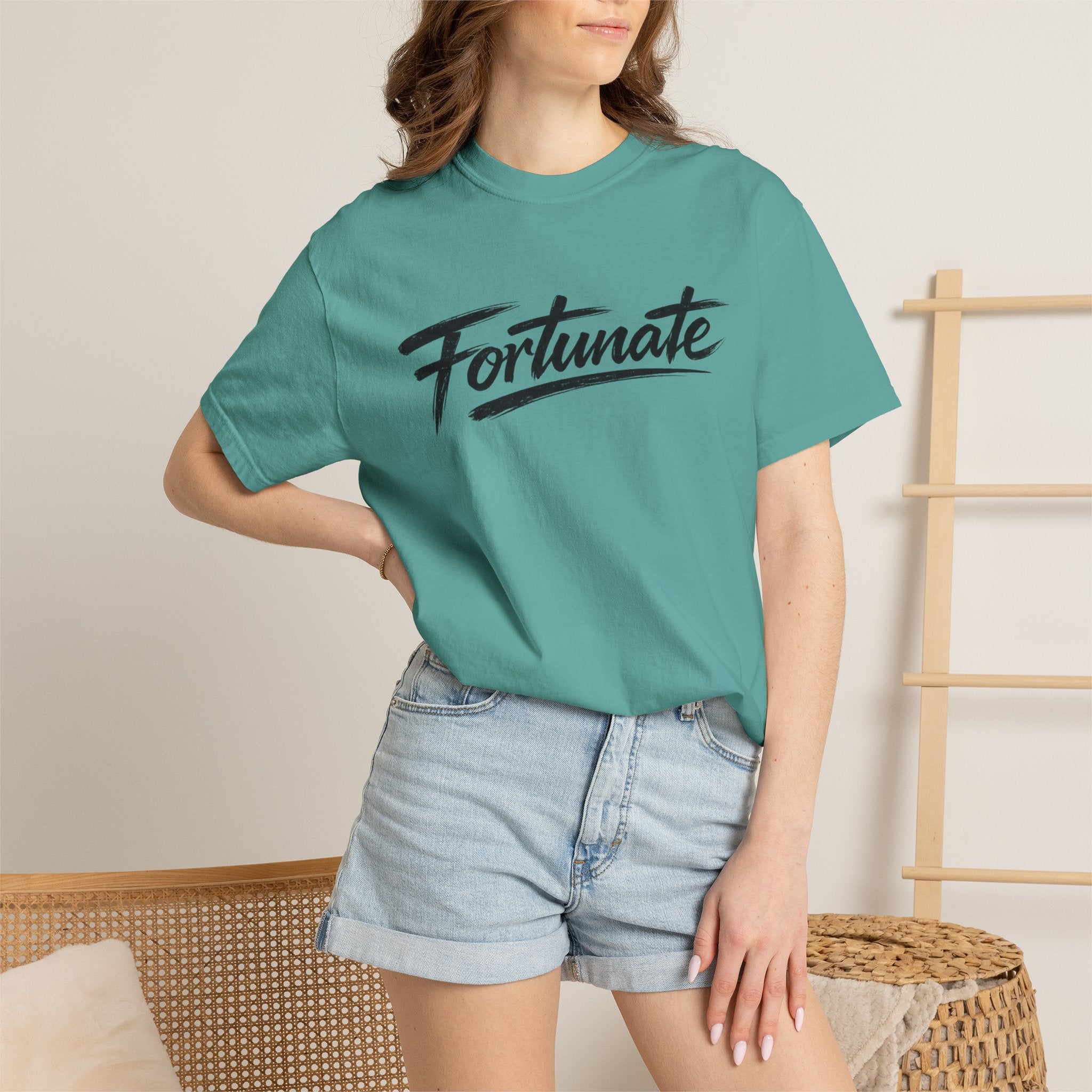 Fortunate Script T-Shirt — Casual Graphic Tee with 'Fortunate' Handwritten Logo