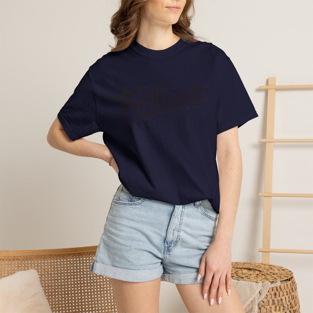 Fortunate Script T-Shirt — Casual Graphic Tee with 'Fortunate' Handwritten Logo