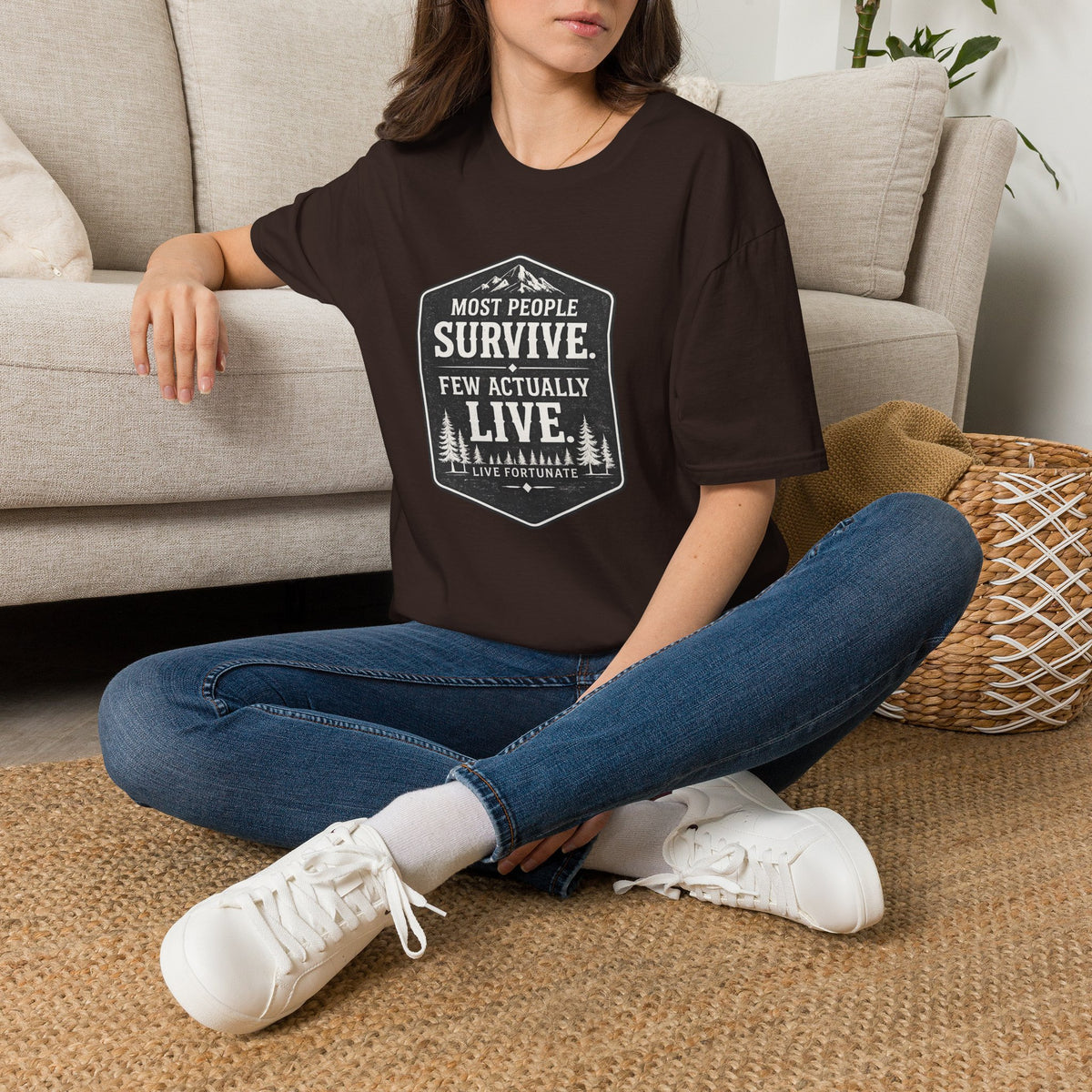 T-Shirt — Most People Survive. Few Actually Live. (Outdoor Adventure Graphic)
