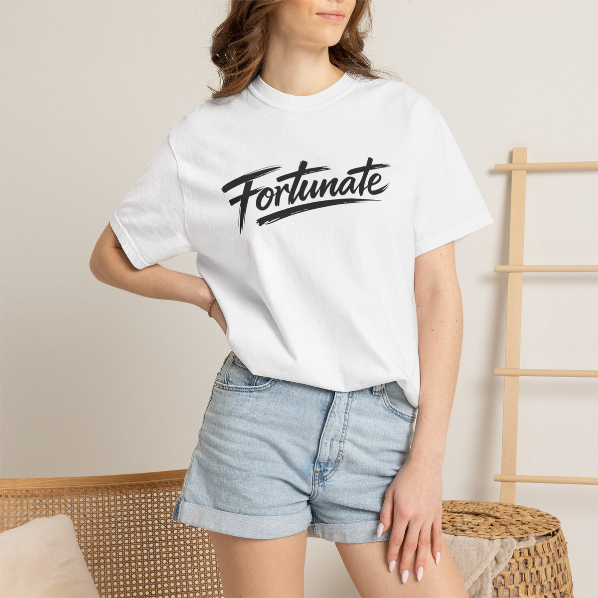 Fortunate Script T-Shirt — Casual Graphic Tee with 'Fortunate' Handwritten Logo