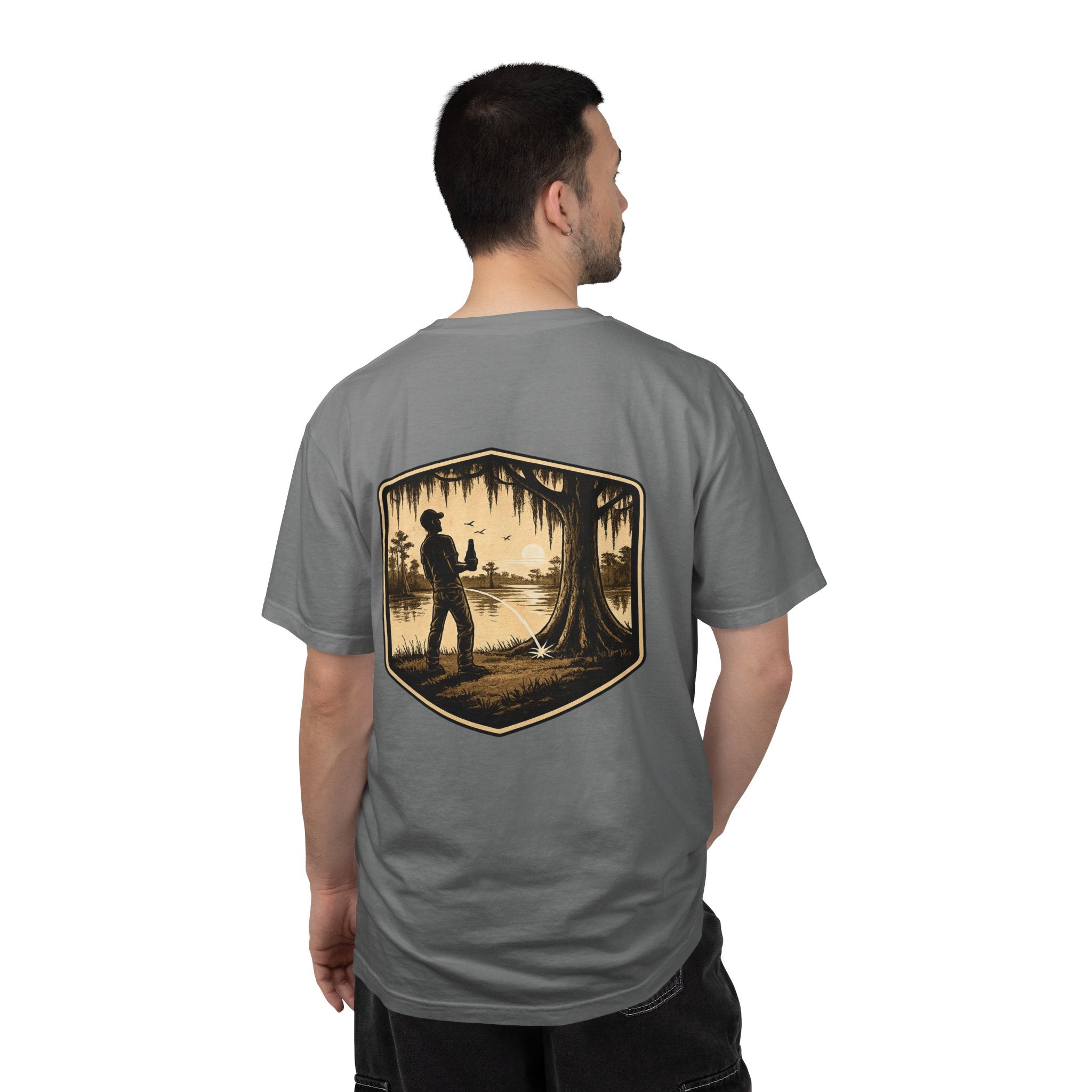 Fishing Lake Scene T-Shirt — Vintage Angler Silhouette Tee