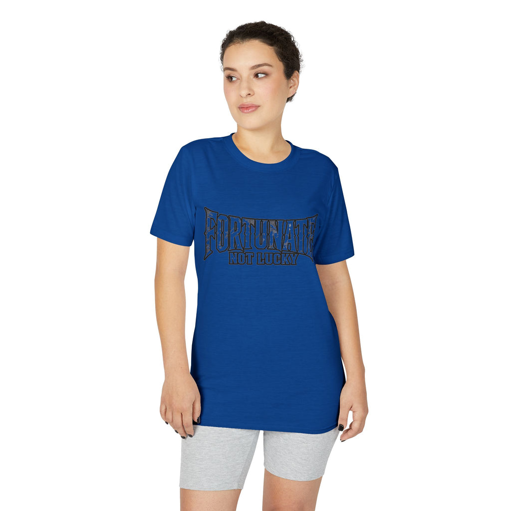 Fortunate Not Lucky Graphic T-Shirt — Edgy Black Lettering Performance Tee
