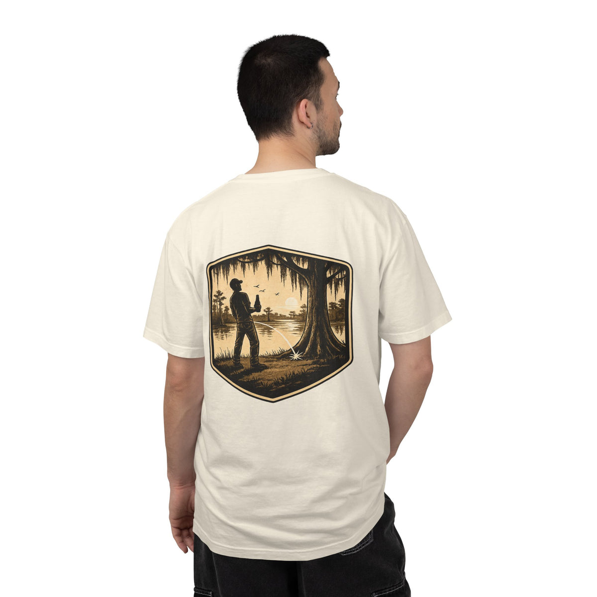 Fishing Lake Scene T-Shirt — Vintage Angler Silhouette Tee