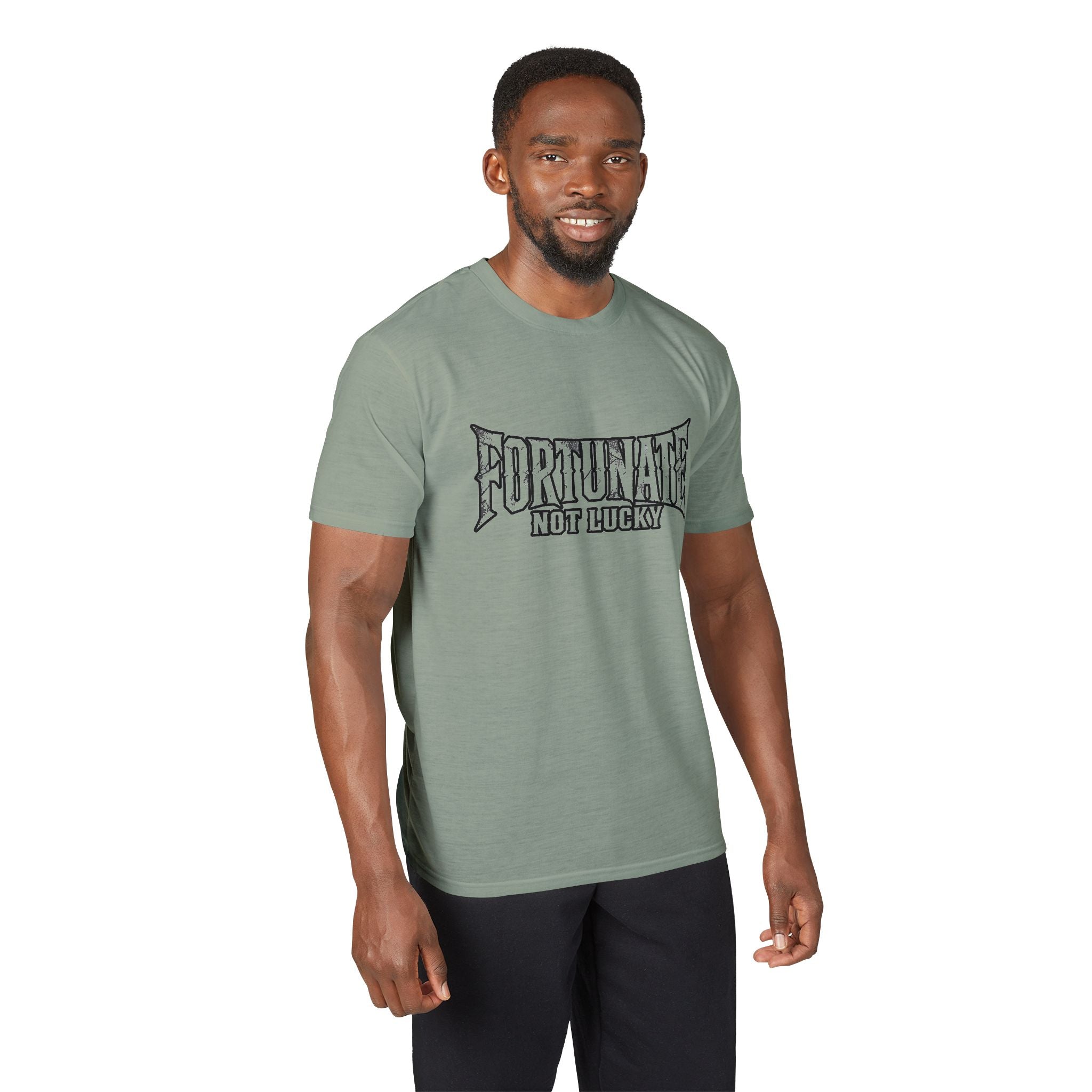 Fortunate Not Lucky Graphic T-Shirt — Edgy Black Lettering Performance Tee