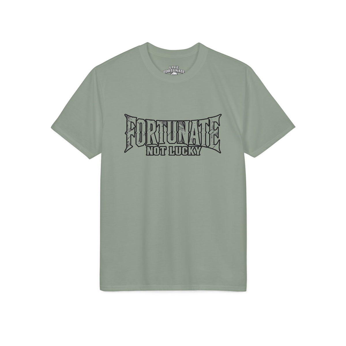 Fortunate Not Lucky Graphic T-Shirt — Edgy Black Lettering Performance Tee