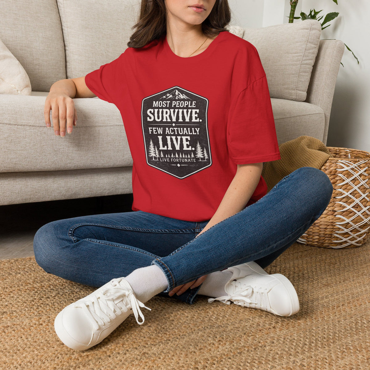 T-Shirt — Most People Survive. Few Actually Live. (Outdoor Adventure Graphic)