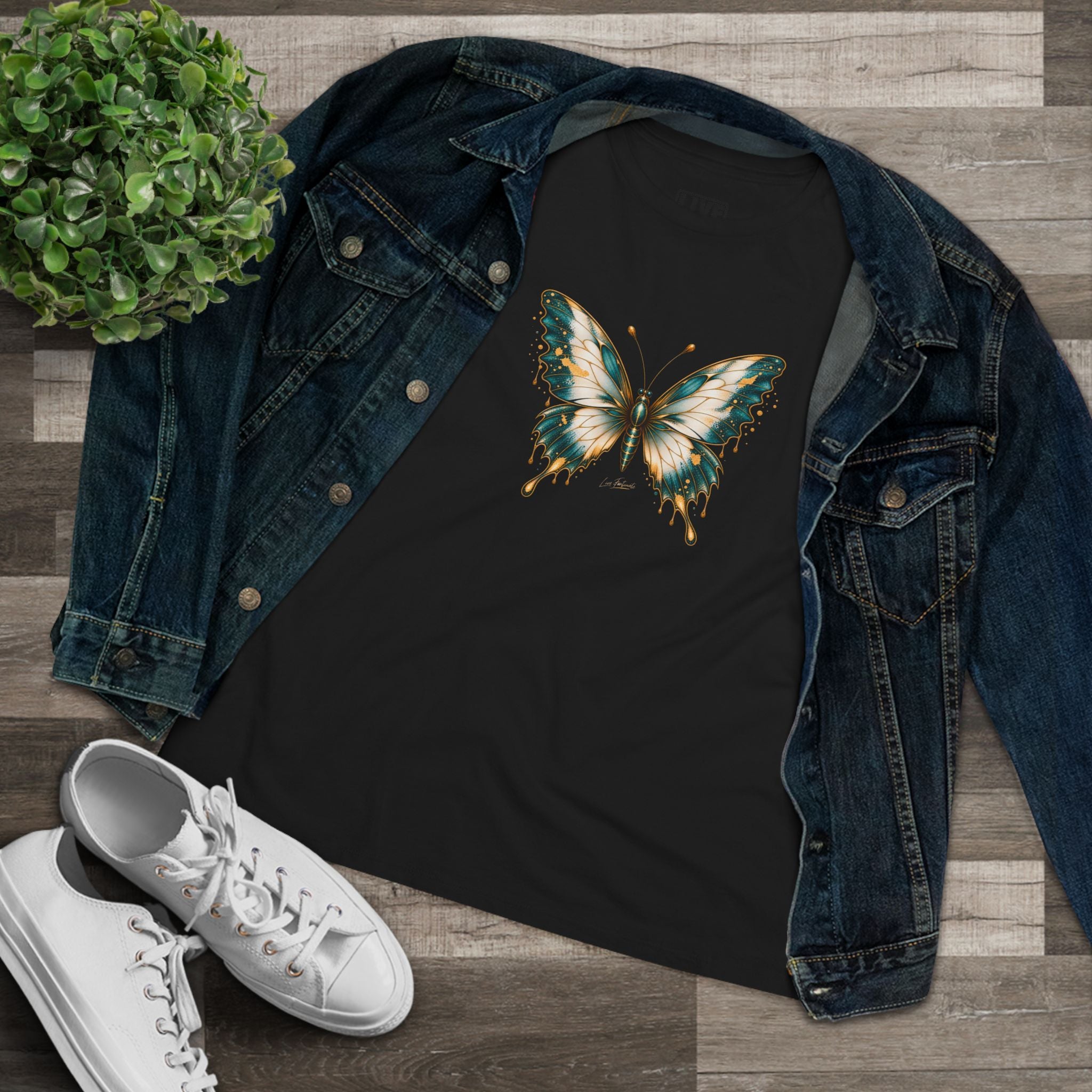 Butterfly Graphic Tee — Teal & Gold Vintage Butterfly Women's T-Shirt