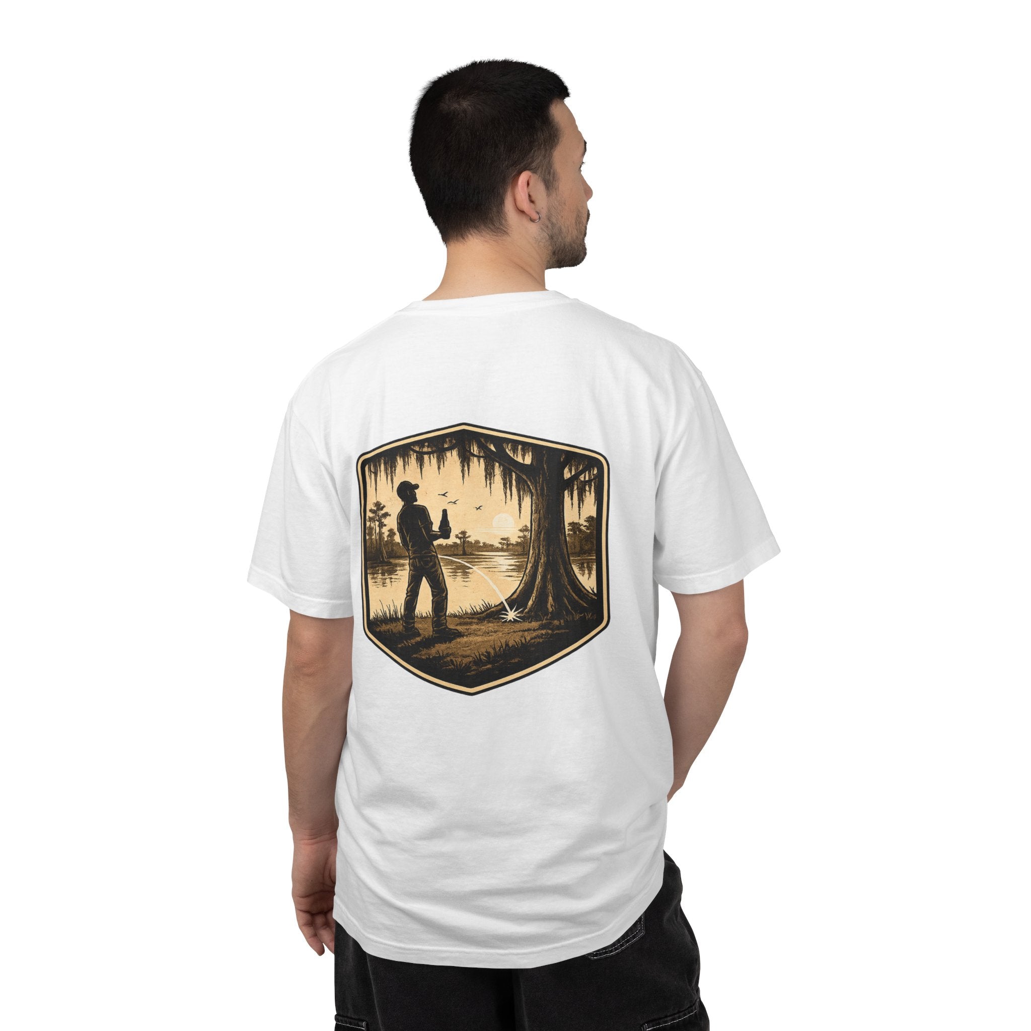 Fishing Lake Scene T-Shirt — Vintage Angler Silhouette Tee