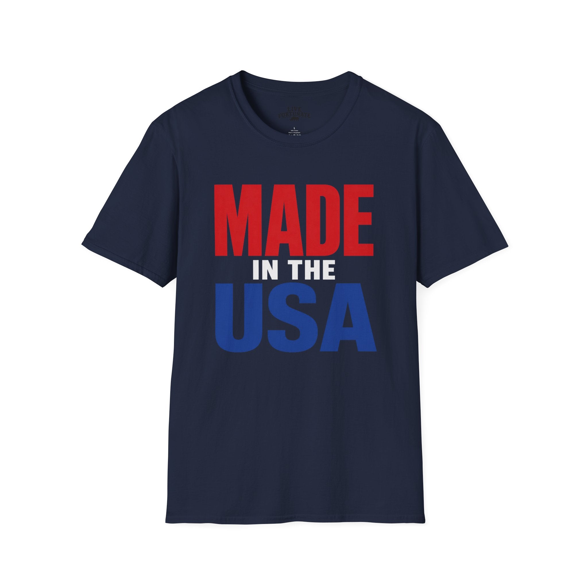 Made in USA T-Shirt — Patriotic Red & Blue Graphic Tee
