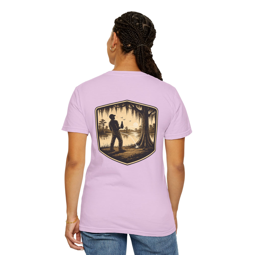 Fishing Lake Scene T-Shirt — Vintage Angler Silhouette Tee