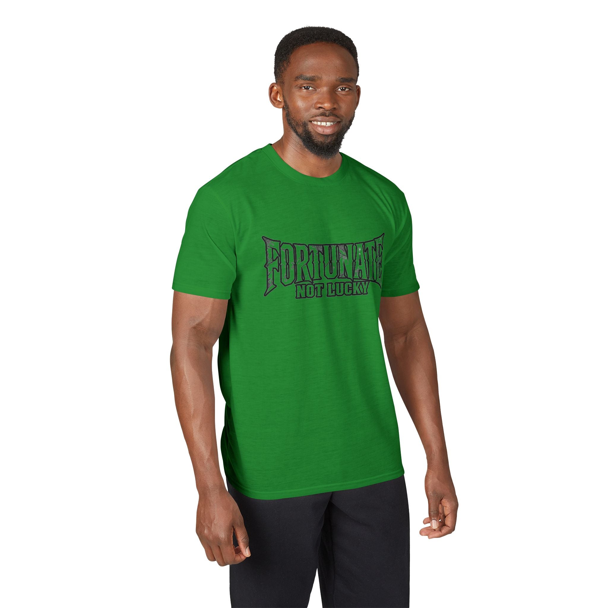 Fortunate Not Lucky Graphic T-Shirt — Edgy Black Lettering Performance Tee