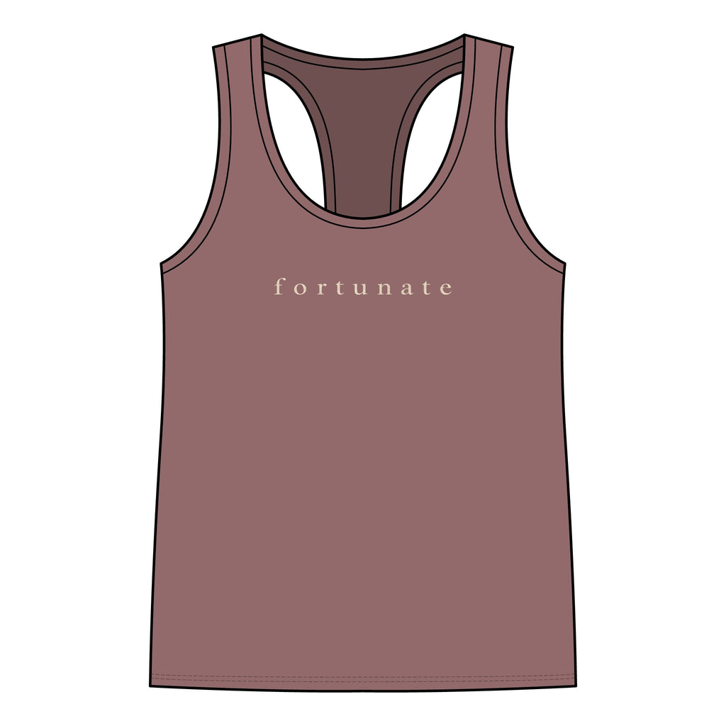 Fortunate Women’s Racerback Tank – Gold Wordmark