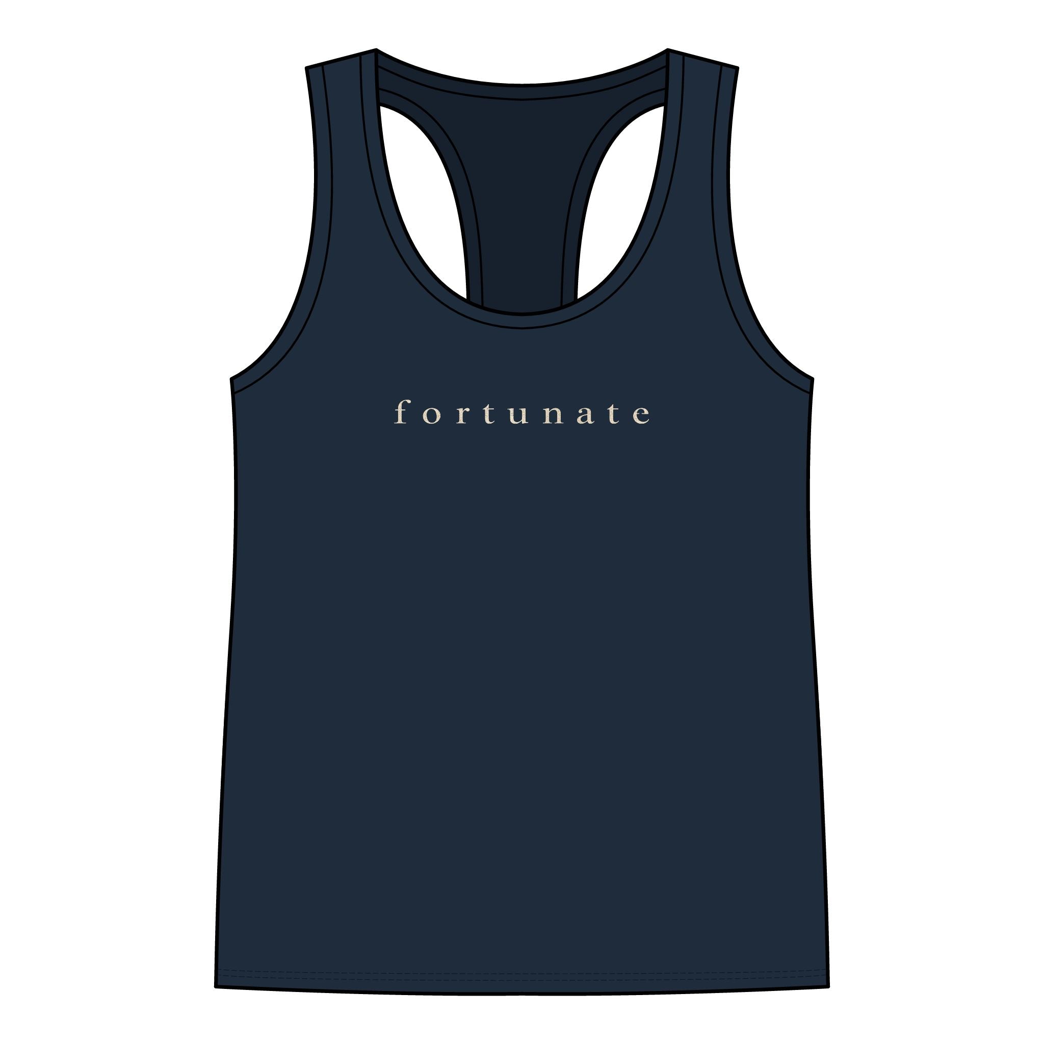 Fortunate Women’s Racerback Tank – Gold Wordmark
