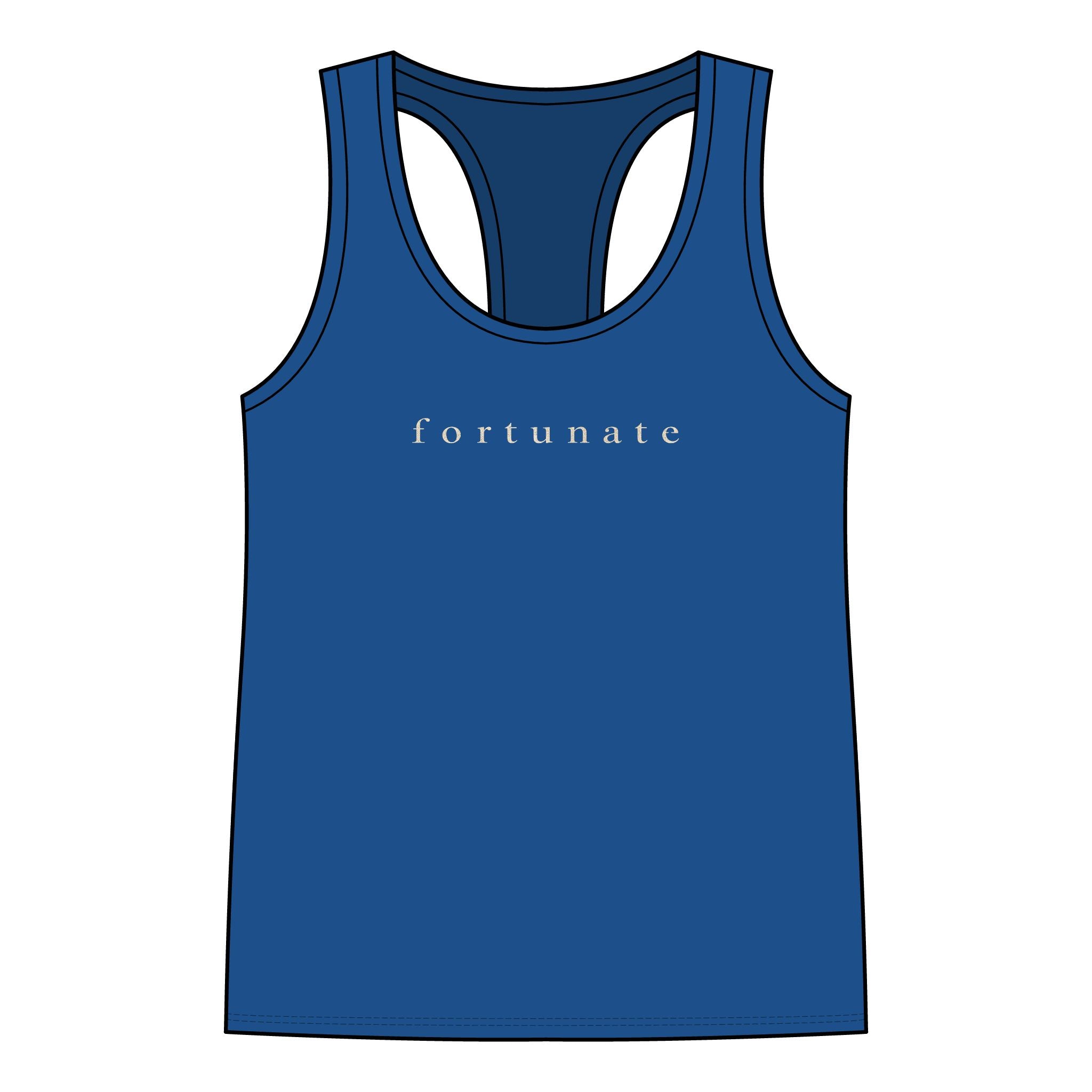Fortunate Women’s Racerback Tank – Gold Wordmark