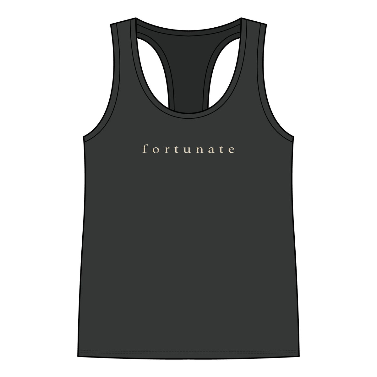 Fortunate Women’s Racerback Tank – Gold Wordmark