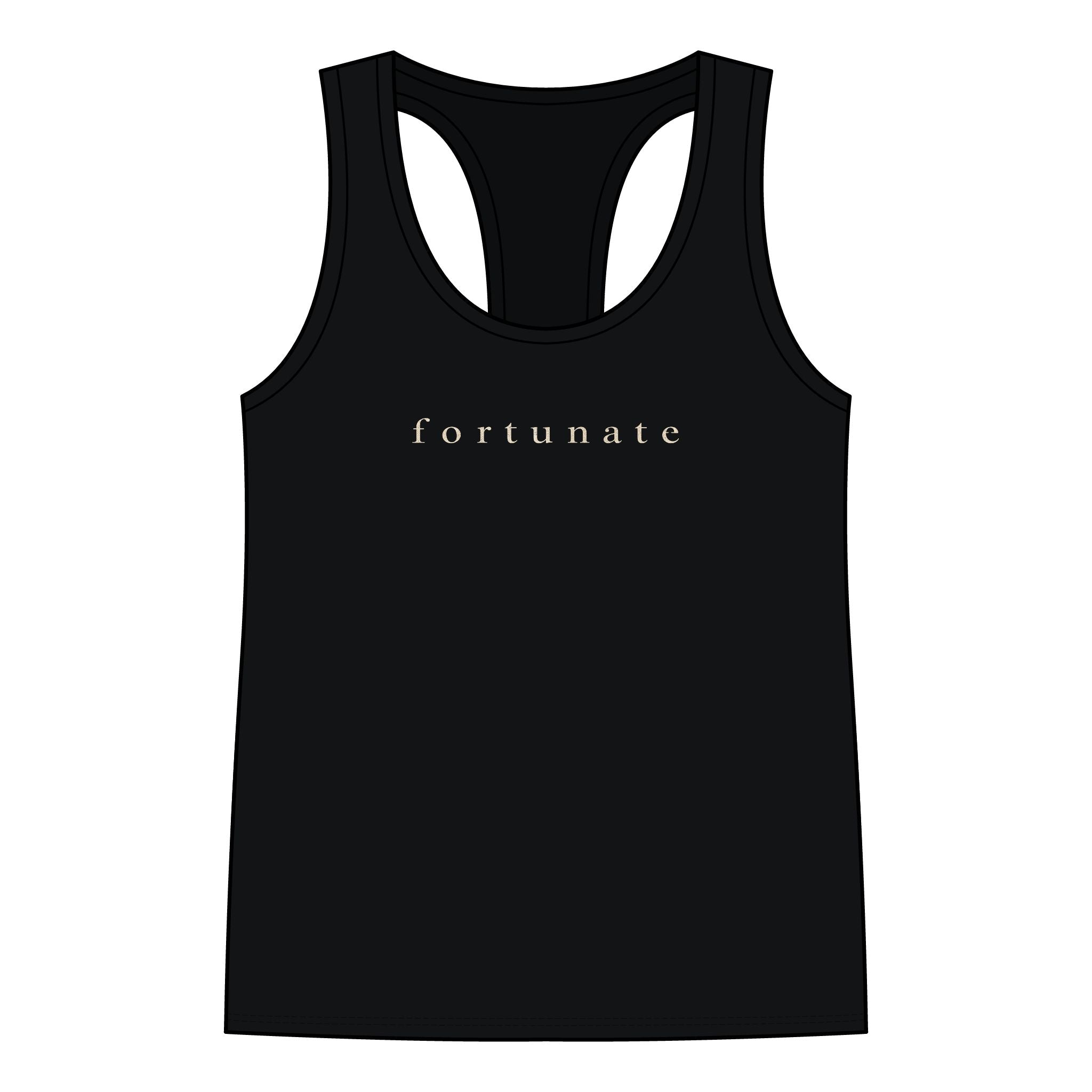 Fortunate Women’s Racerback Tank – Gold Wordmark