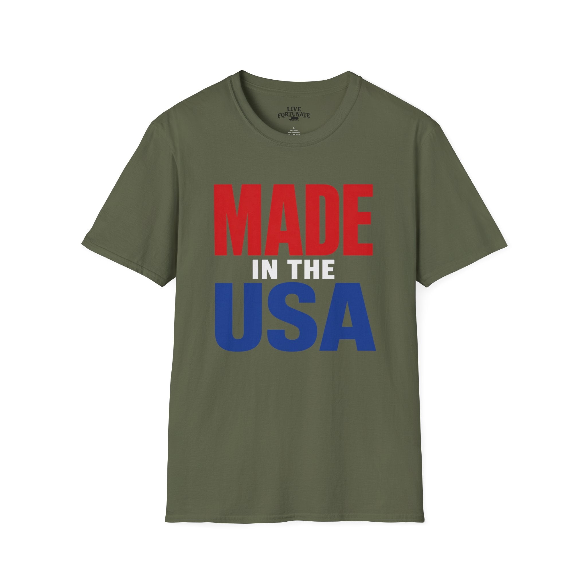 Made in USA T-Shirt — Patriotic Red & Blue Graphic Tee