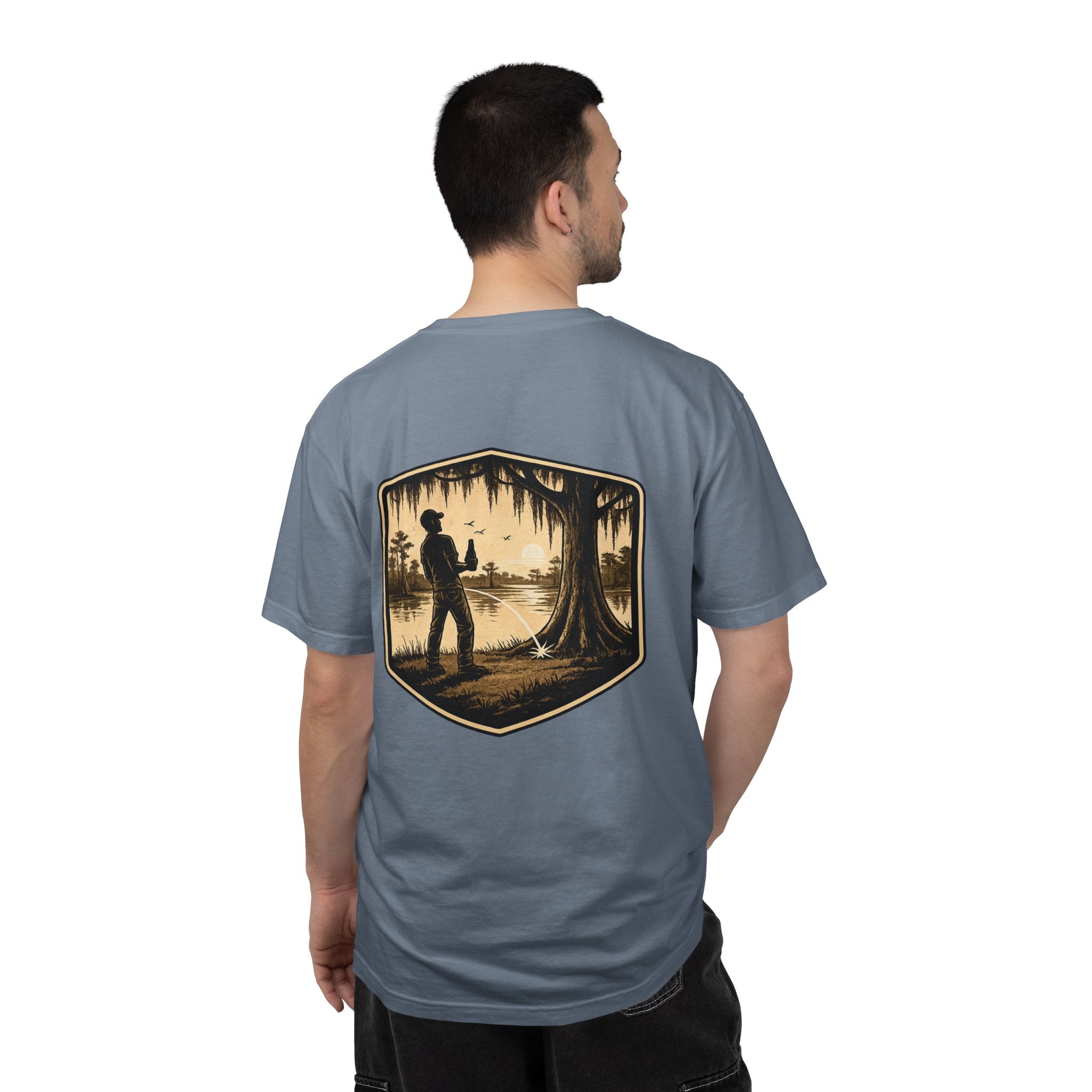 Fishing Lake Scene T-Shirt — Vintage Angler Silhouette Tee