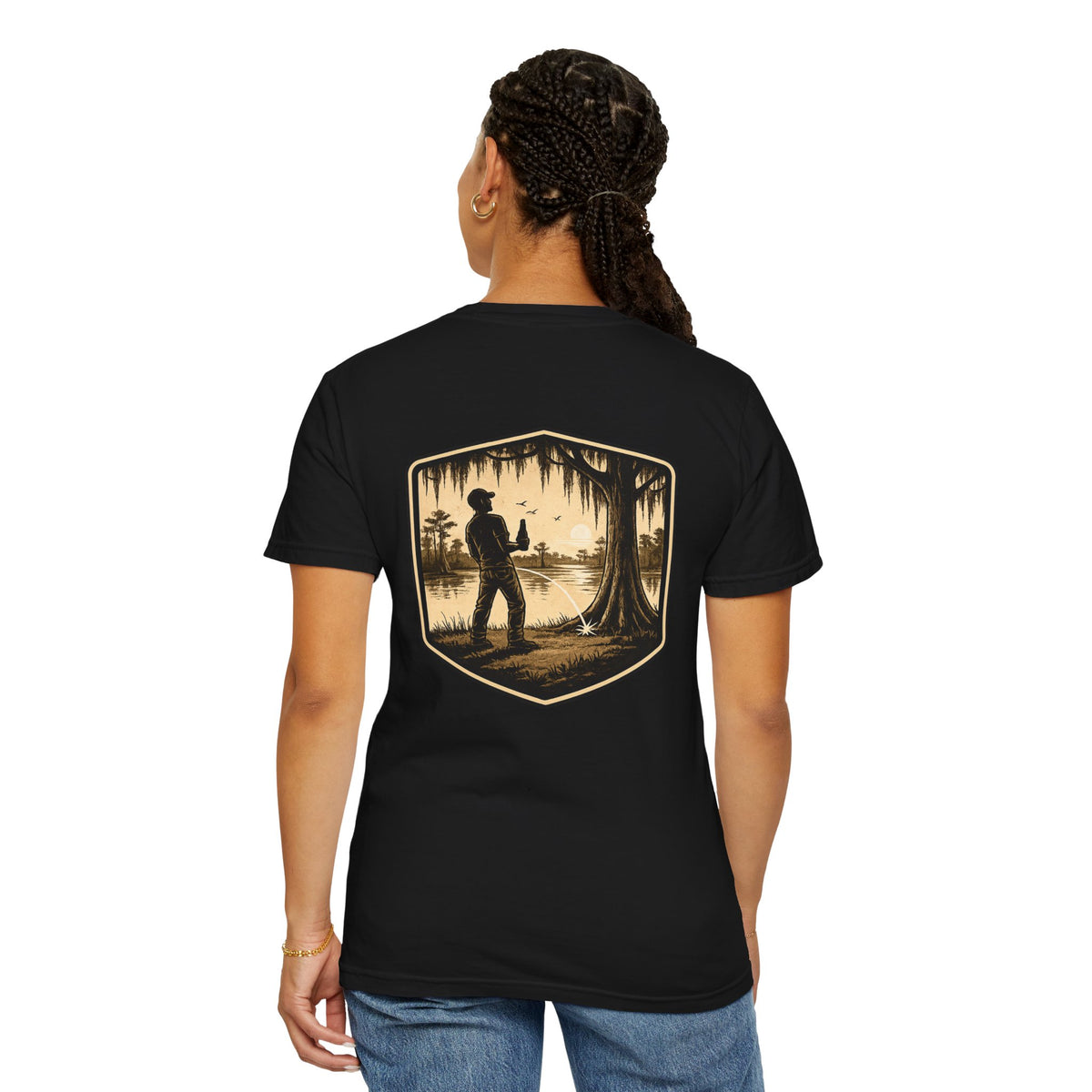 Fishing Lake Scene T-Shirt — Vintage Angler Silhouette Tee