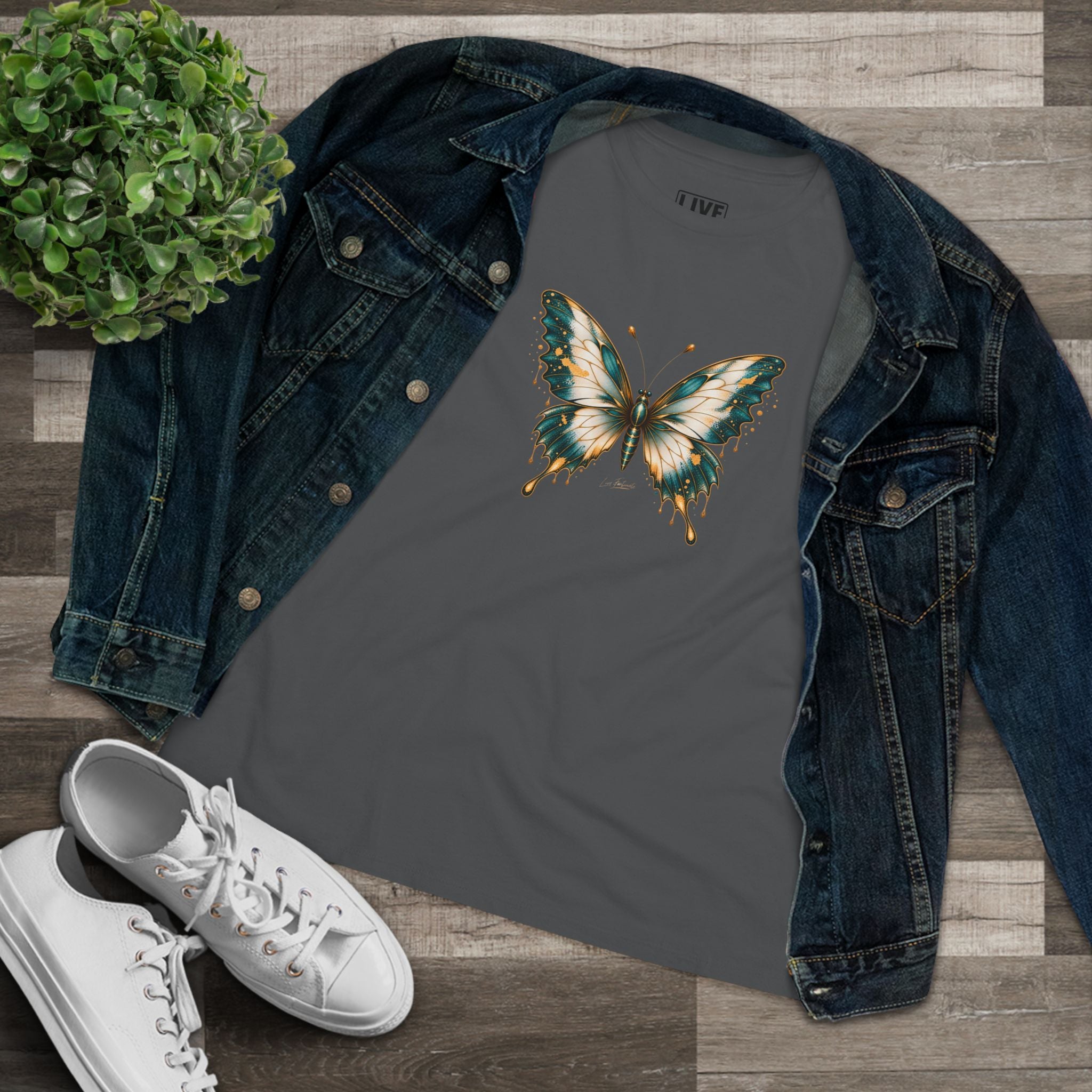 Butterfly Graphic Tee — Teal & Gold Vintage Butterfly Women's T-Shirt