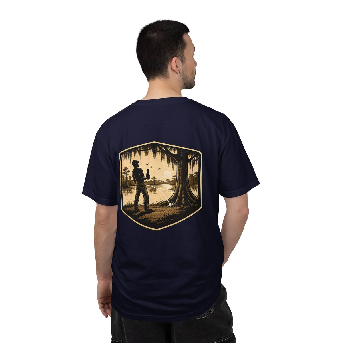 Fishing Lake Scene T-Shirt — Vintage Angler Silhouette Tee