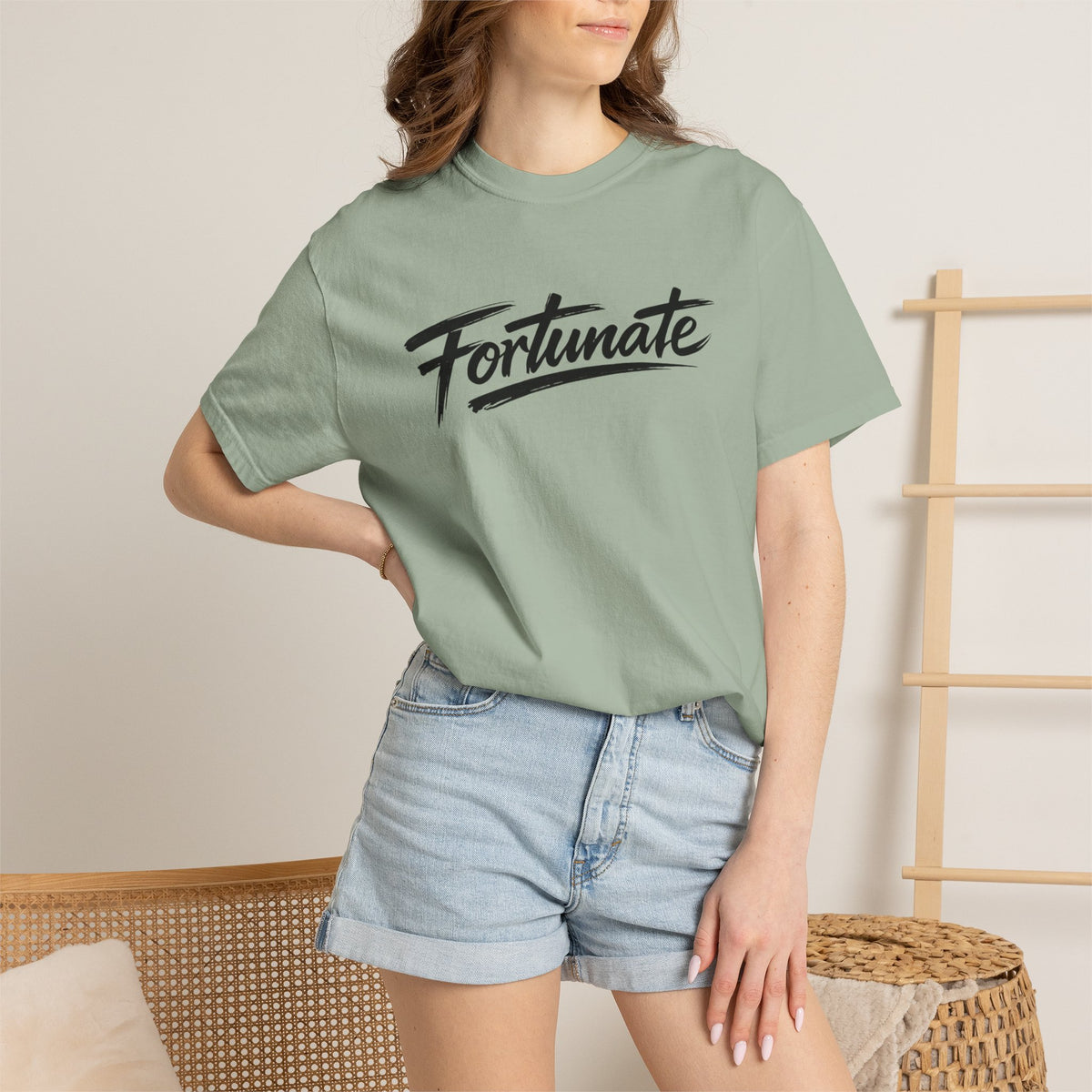 Fortunate Script T-Shirt — Casual Graphic Tee with 'Fortunate' Handwritten Logo