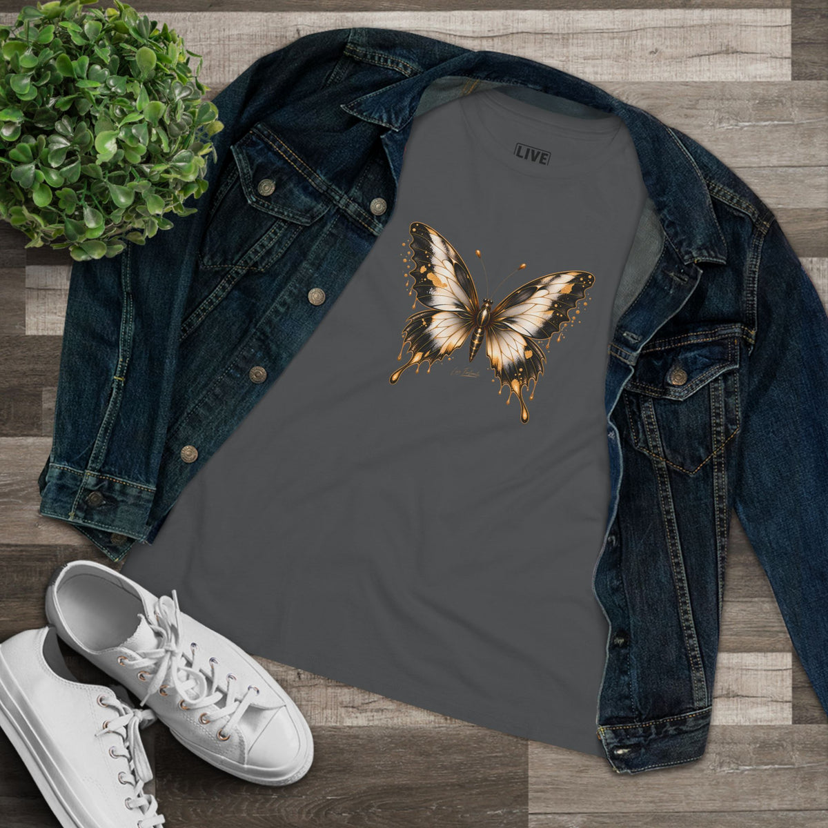 Butterfly Graphic Tee — Black/Antique White/Gold butterfly