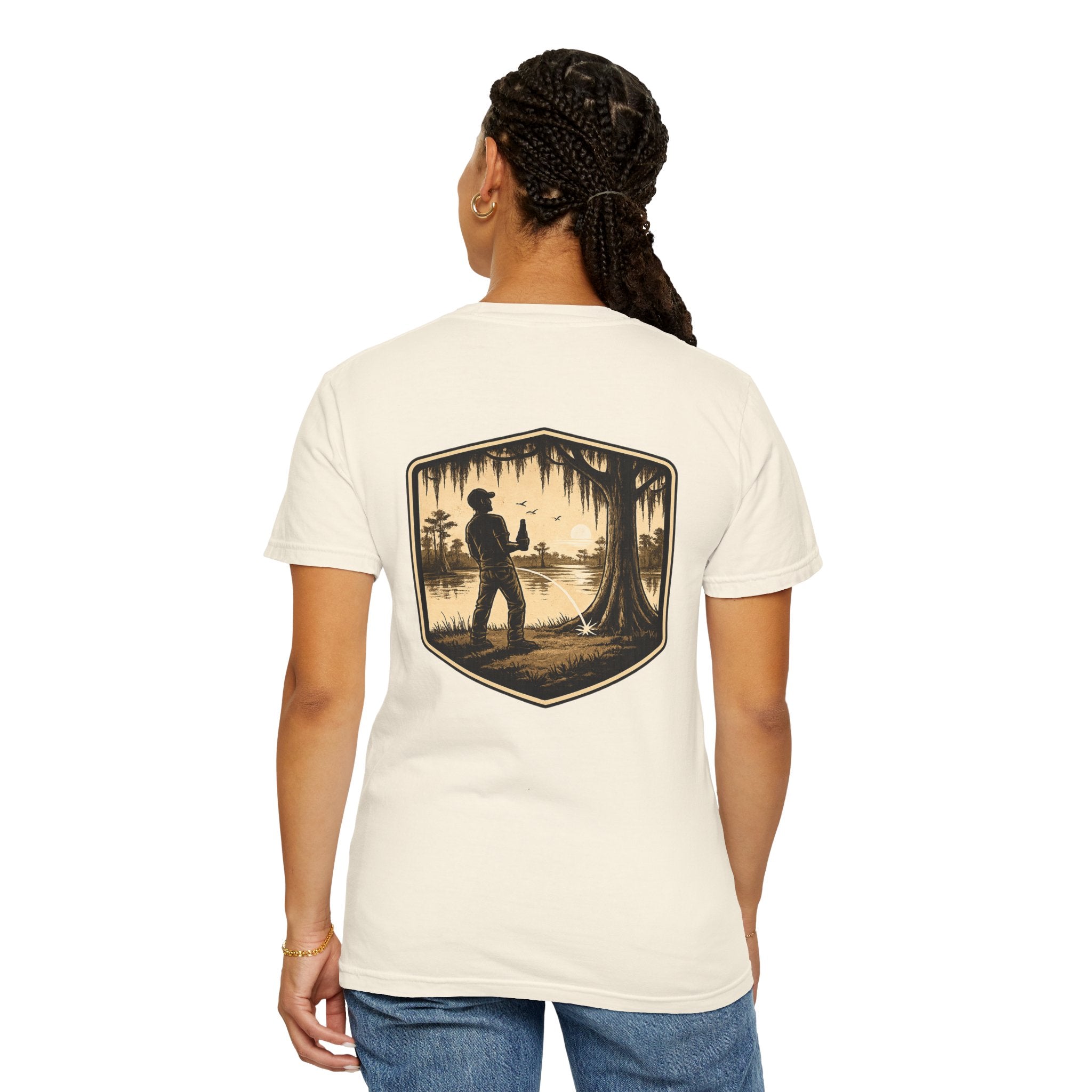 Fishing Lake Scene T-Shirt — Vintage Angler Silhouette Tee