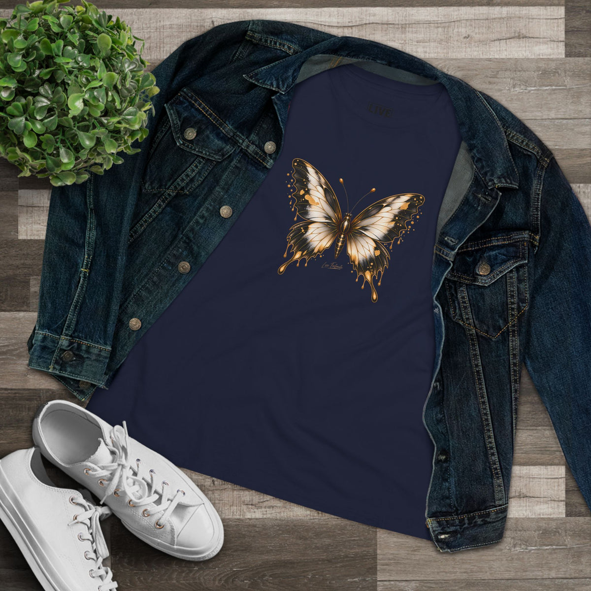 Butterfly Graphic Tee — Black/Antique White/Gold butterfly
