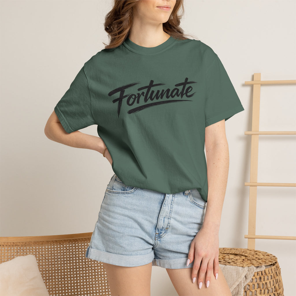 Fortunate Script T-Shirt — Casual Graphic Tee with 'Fortunate' Handwritten Logo