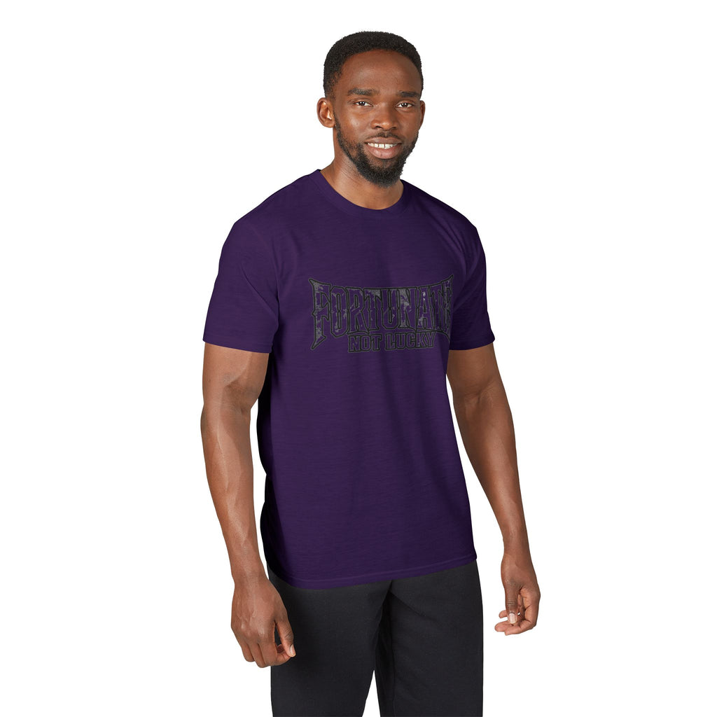 Fortunate Not Lucky Graphic T-Shirt — Edgy Black Lettering Performance Tee