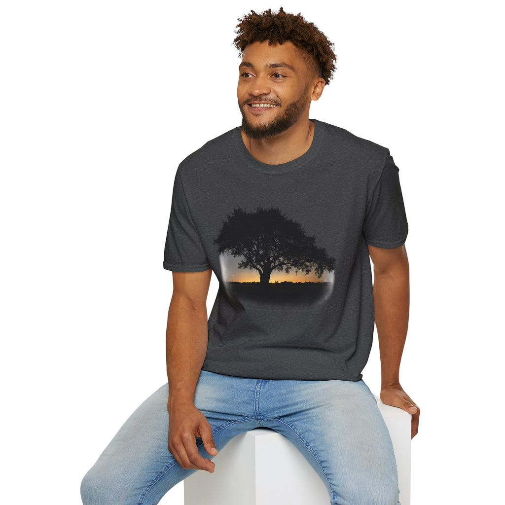 Tree of Clues Sunset T-Shirt — Silhouette Nature Graphic Tee