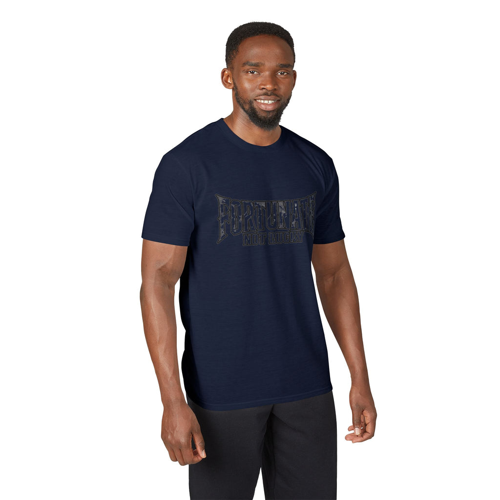 Fortunate Not Lucky Graphic T-Shirt — Edgy Black Lettering Performance Tee