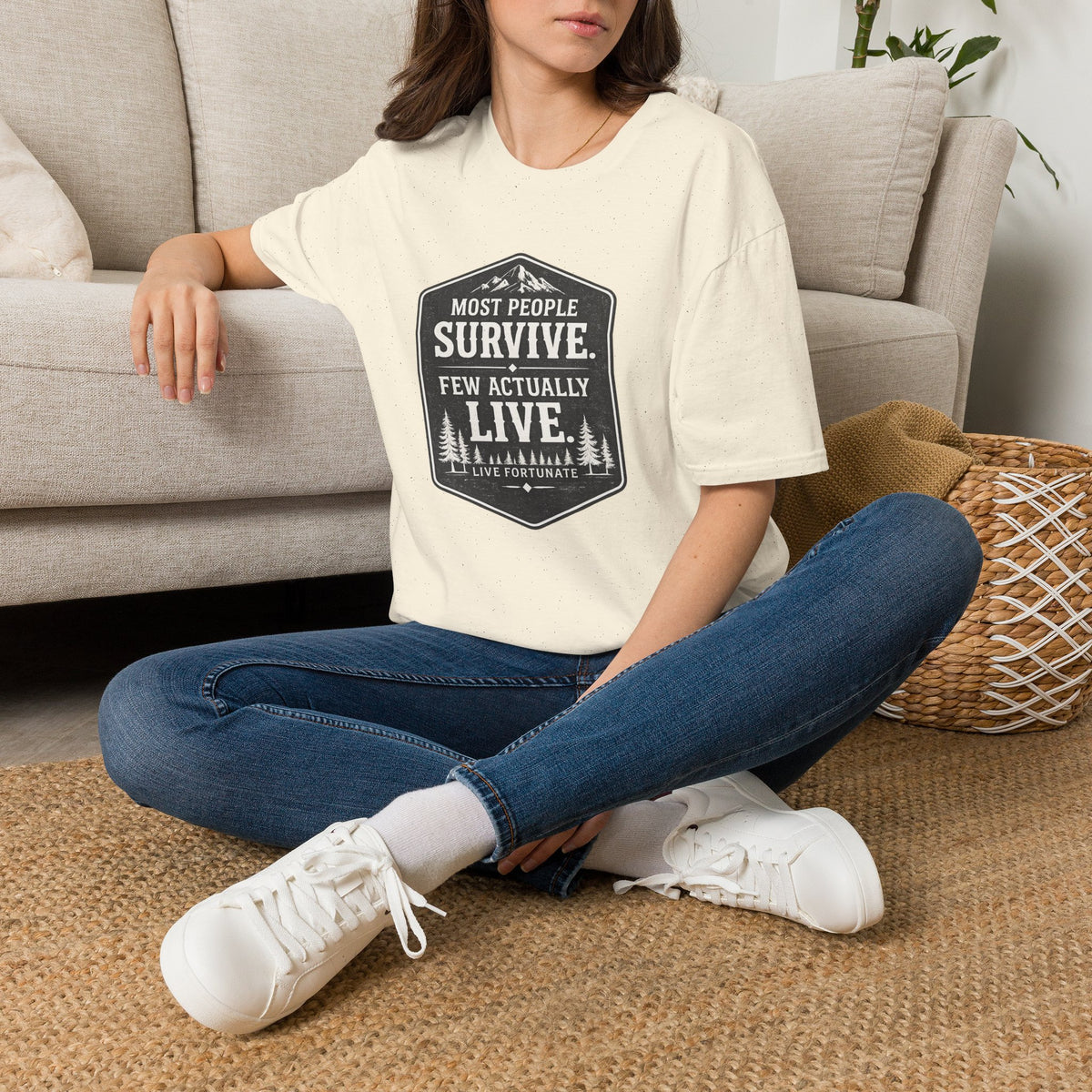 T-Shirt — Most People Survive. Few Actually Live. (Outdoor Adventure Graphic)