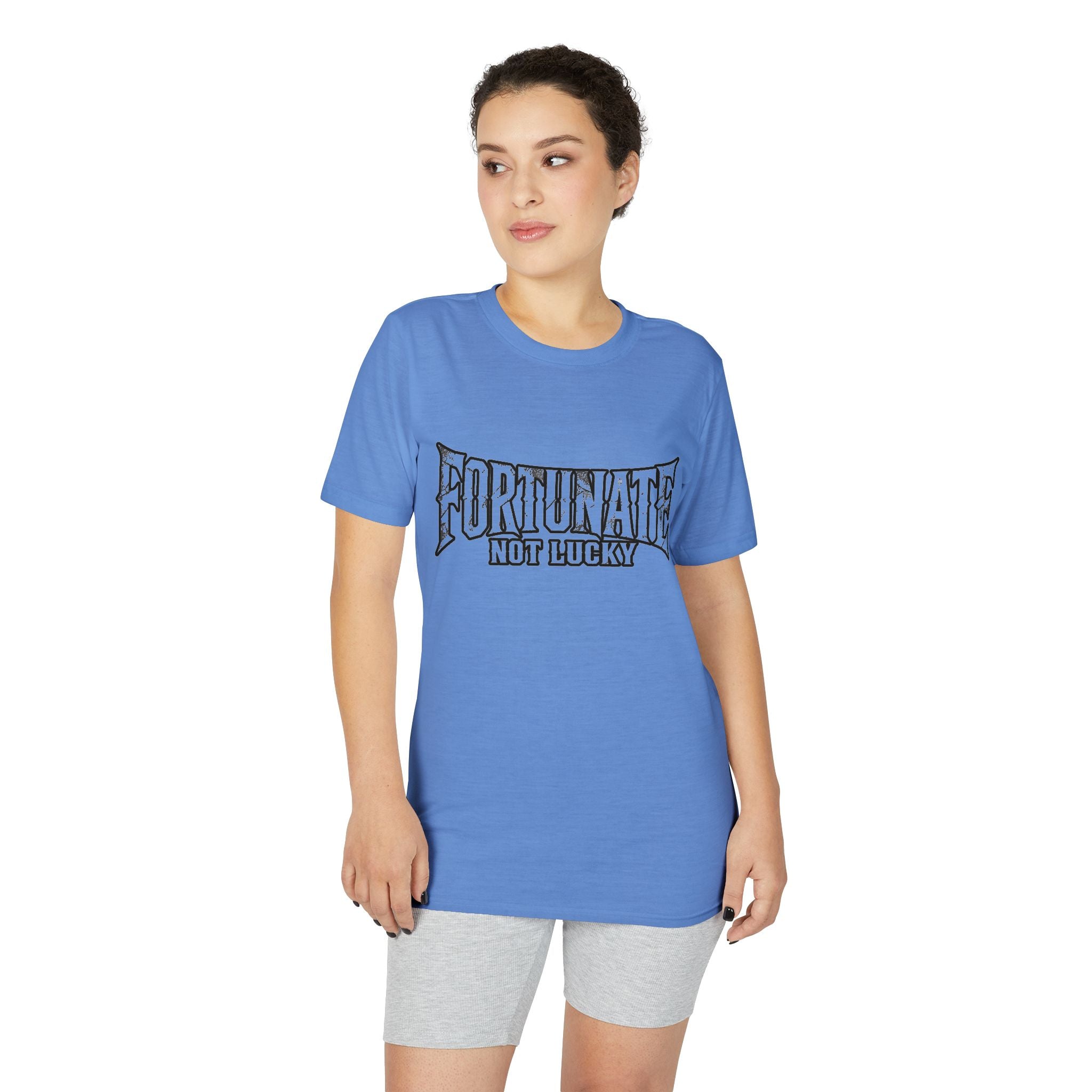 Fortunate Not Lucky Graphic T-Shirt — Edgy Black Lettering Performance Tee