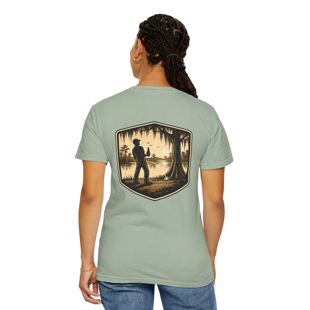 Fishing Lake Scene T-Shirt — Vintage Angler Silhouette Tee