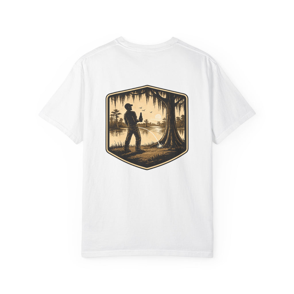 Fishing Lake Scene T-Shirt — Vintage Angler Silhouette Tee