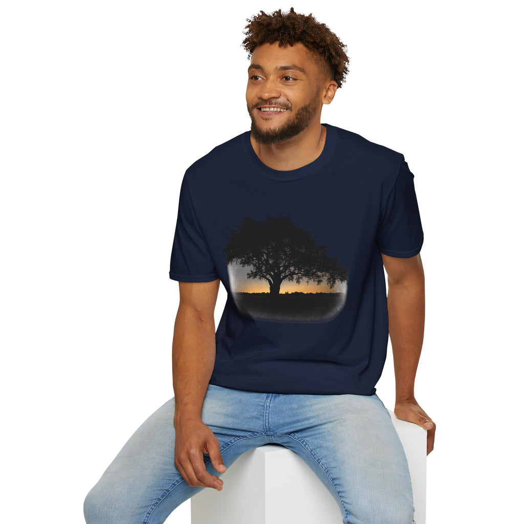 Tree of Clues Sunset T-Shirt — Silhouette Nature Graphic Tee