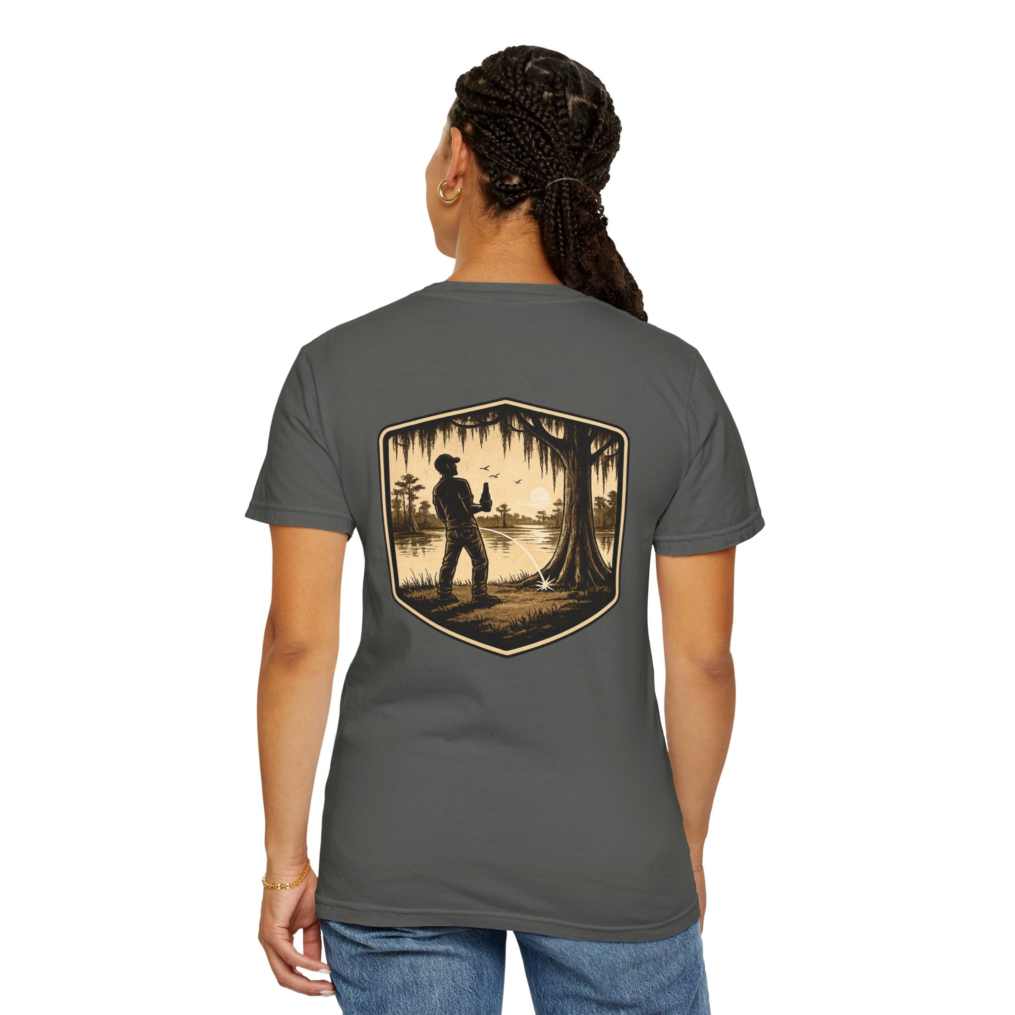 Fishing Lake Scene T-Shirt — Vintage Angler Silhouette Tee