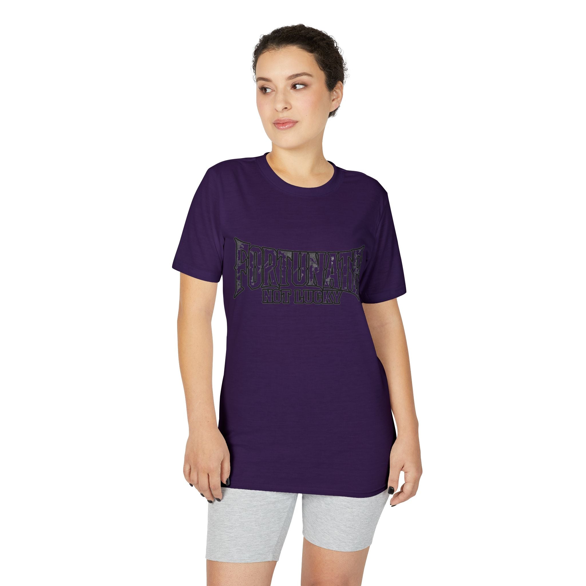 Fortunate Not Lucky Graphic T-Shirt — Edgy Black Lettering Performance Tee